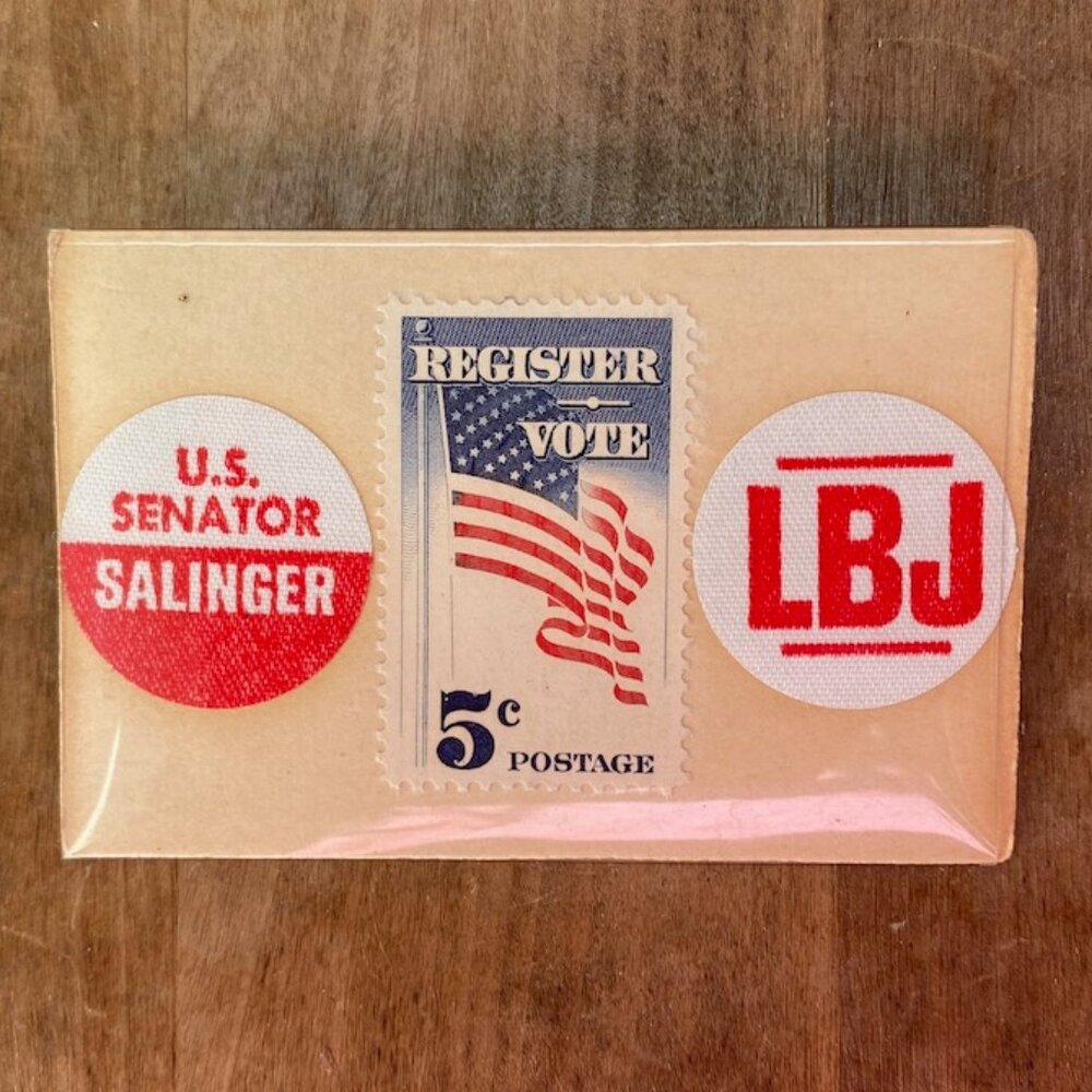 1964 Home Made LBJ, Salinger for California Senate, and Vote Pin